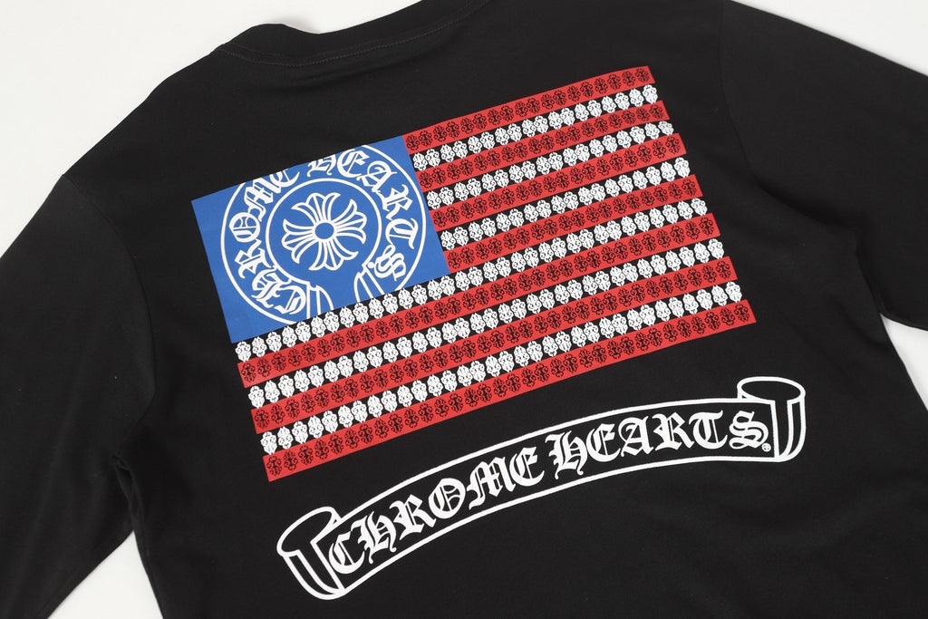 Chrome Hearts Logo Flag Long Sleeve Tee - Black White Gothic Street T-Shirt K2126